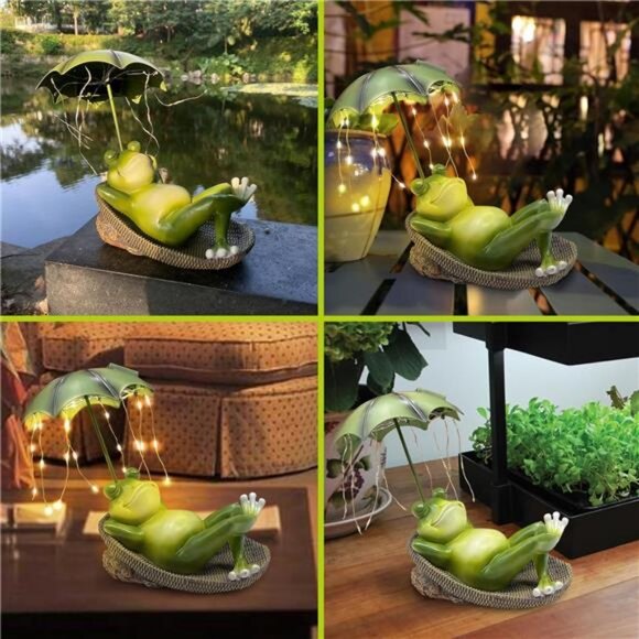 Frogs Garden Outdoor Statue - Solar Frog Umbrella Pond Statues LED Waterproof - Picture 5 of 7